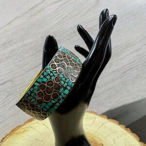Brass Bangle Bracelet with Turquoise and Brown Designs